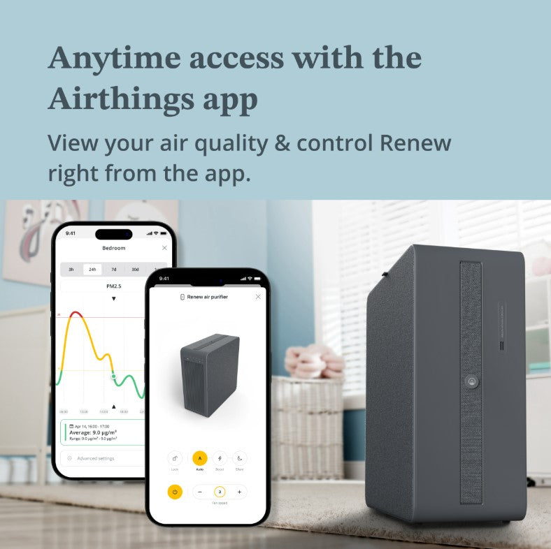 Airthings Renew Luftreiniger mit HEPA-13-Filter – Smarte Luftreinigung bis 49 m² per App
