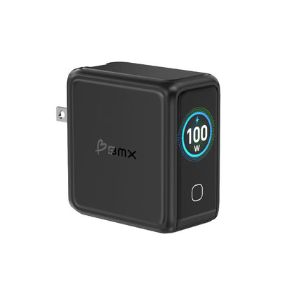 BMX GaNSta LCD 100W – USB-C Schnellladegerät mit LCD-Display und internationalen Reiseadaptern
