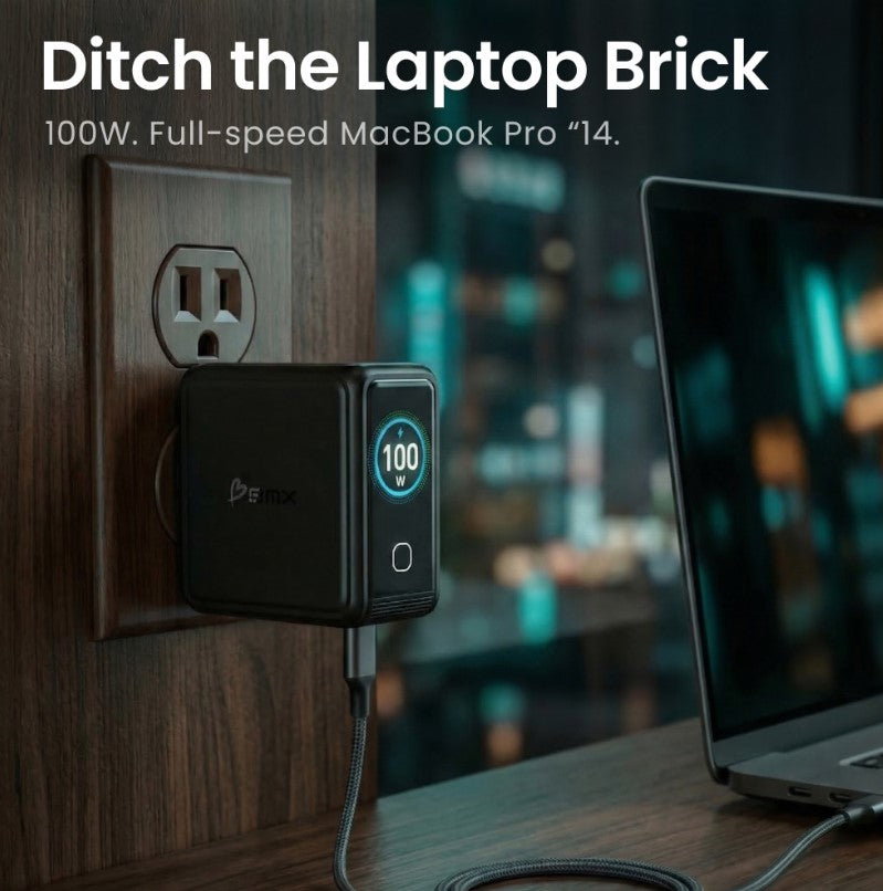 BMX GaNSta LCD 100W – USB-C Schnellladegerät mit LCD-Display und internationalen Reiseadaptern