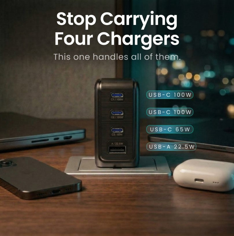 BMX GaNSta LCD 100W – USB-C Schnellladegerät mit LCD-Display und internationalen Reiseadaptern