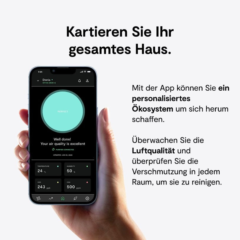 Eteria Luftreiniger mit Sensor & App-Steuerung, filterlos für Räume bis 20 m² – Schwarz