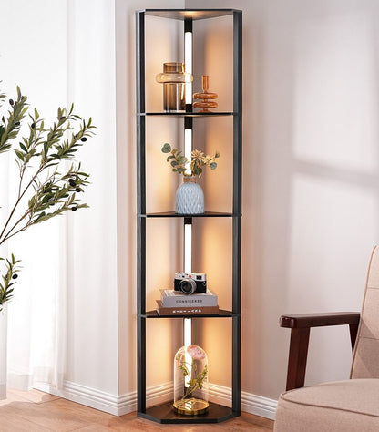 Design LED Stehlampe mit Regal Schwarz Holz