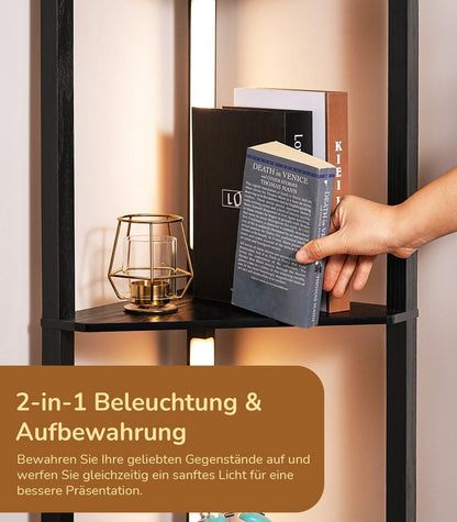 Design LED Stehlampe mit Regal Schwarz Holz